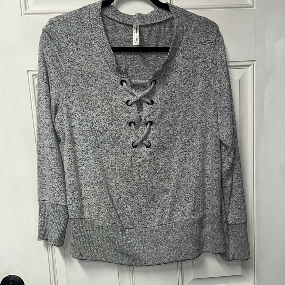 Gray Lace-Up Sweater